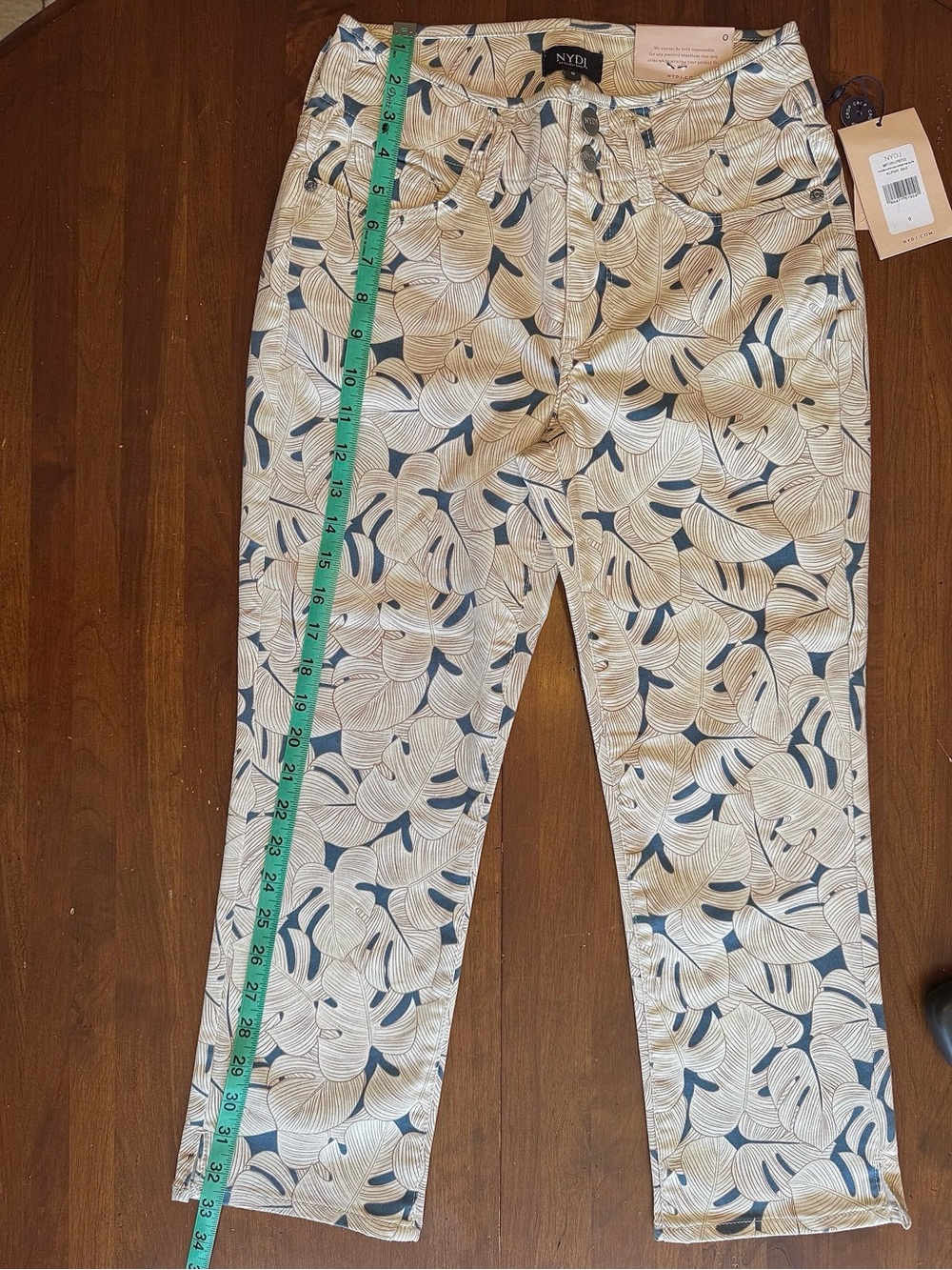 NYDJ Beige Leaf-Print Capris with Navy Accents